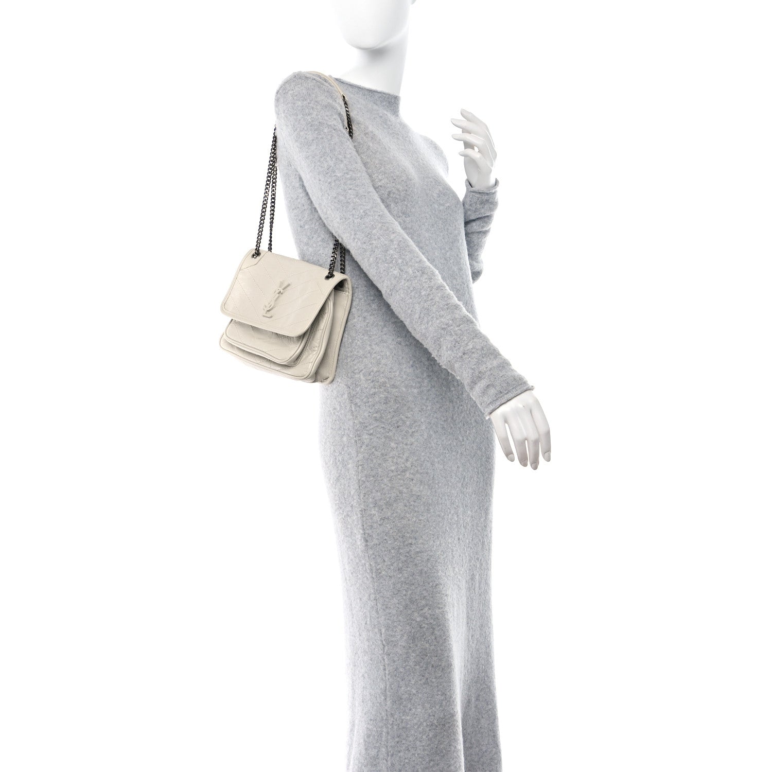 Saint Laurent Crinkled Calfskin Matelasse Monogram Baby Niki Chain Satchel Ivory 2 of 11