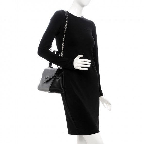 Saffiano Cuir Calfskin Monochrome Envelope Flap Top Handle Chain Shoulder Bag Black