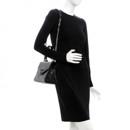 Prada Saffiano Cuir Calfskin Monochrome Envelope Flap Top Handle Chain Shoulder Bag Black 2 of 5