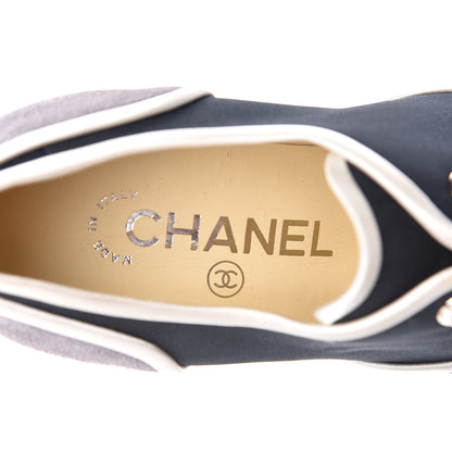 Chanel Silk Crepe Suede Calfskin Lace Up Wedge Espadrilles 36.5 Navy Grey 6 of 8