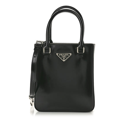 Prada Spazzolato Metal Triangle Logo Small Double Handle Crossbody Tote Black 1 of 10