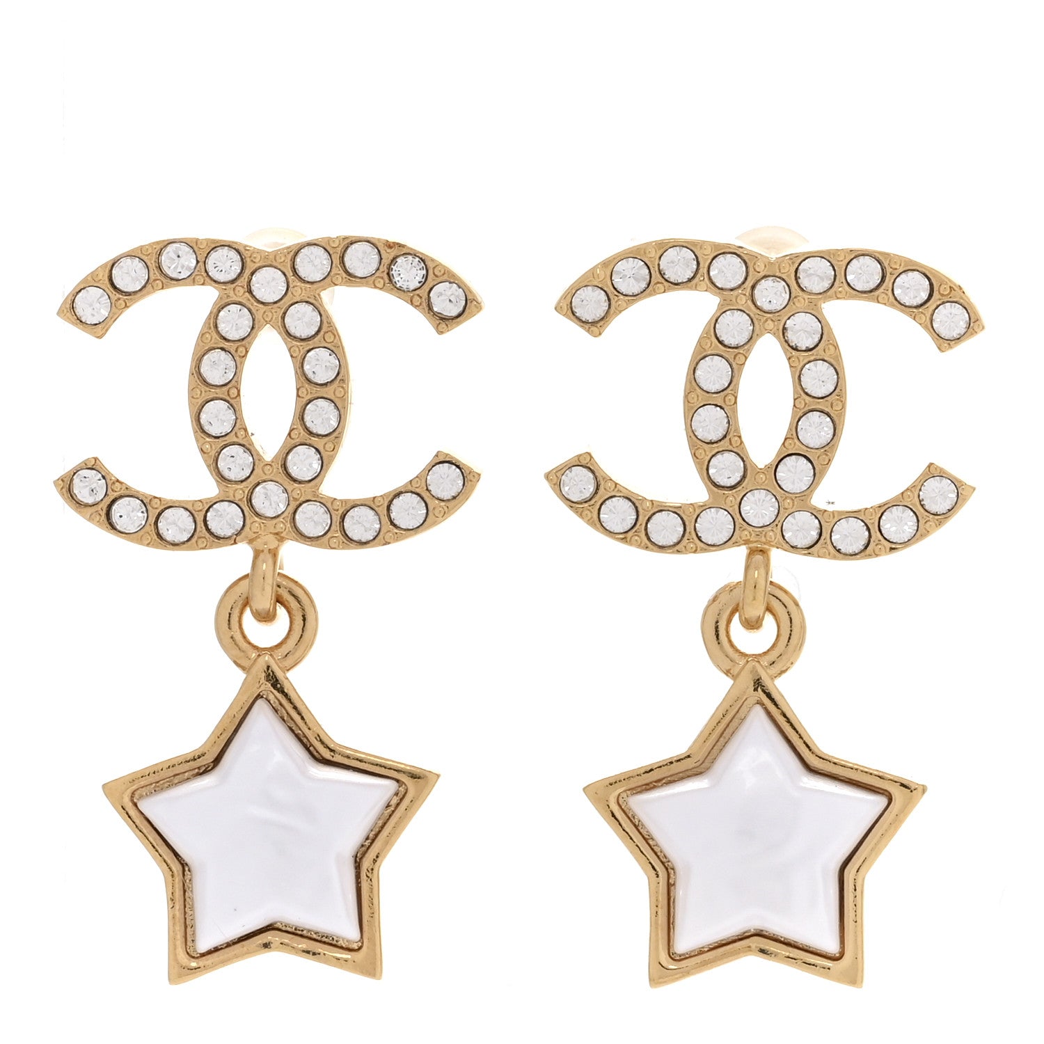 Chanel Metal Crystal Pearl CC Star Drop Earrings Gold Pearly White 1 of 5