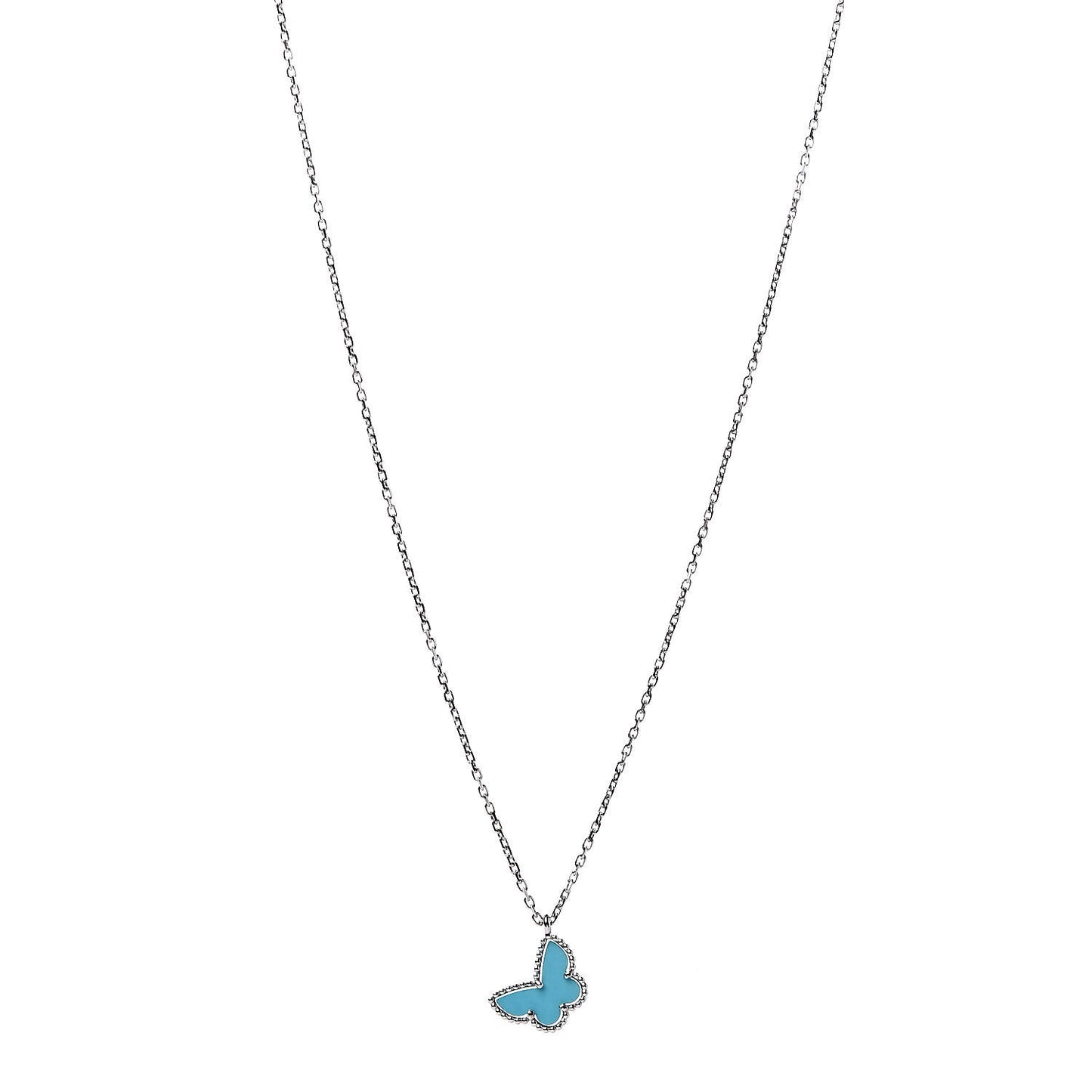 18K White Gold Turquoise Sweet Alhambra Butterfly Pendant Necklace