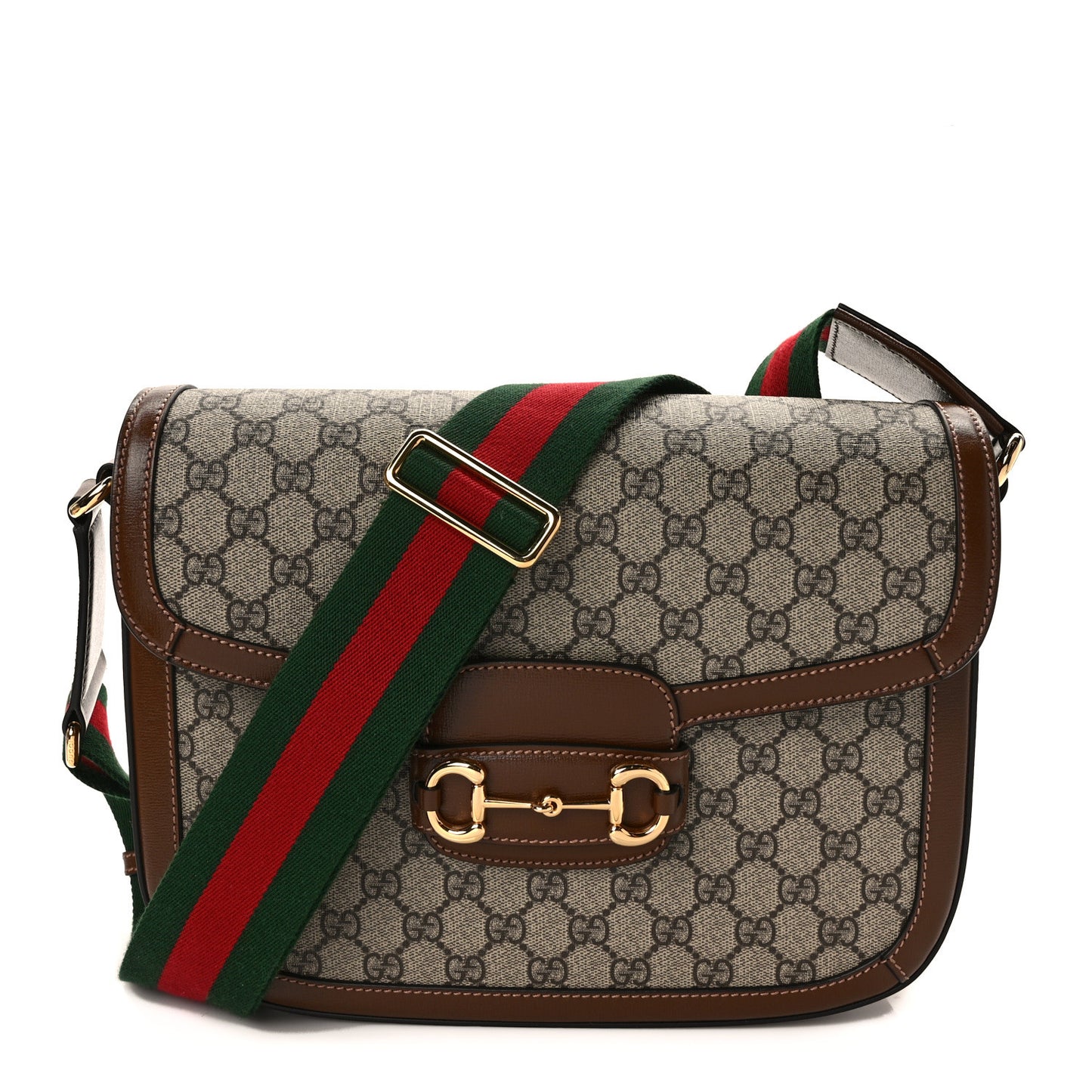 GG Supreme Monogram Azalea Calfskin Web Medium Horsebit 1955 Shoulder Bag Beige Ebony Brown Sugar