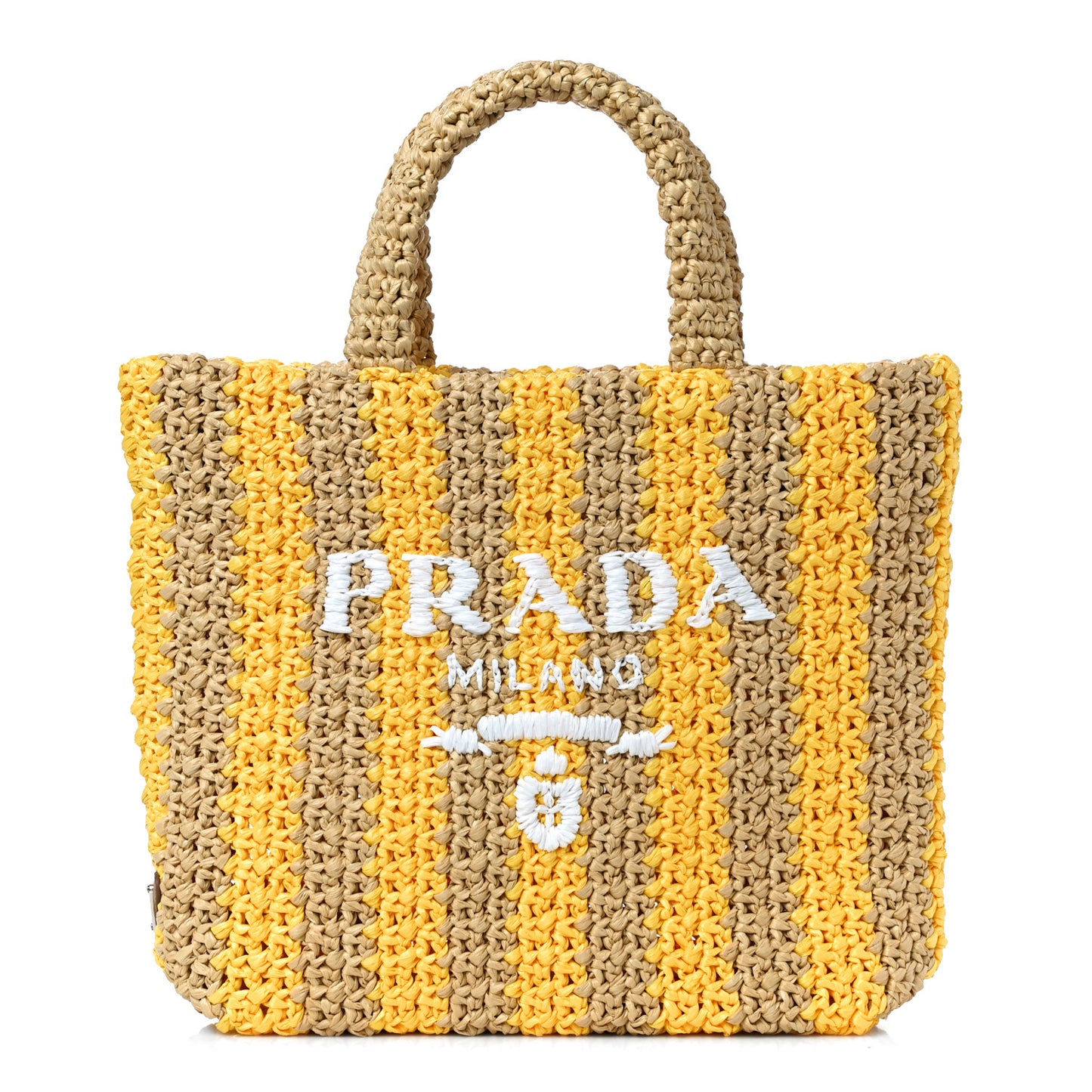 Yarn Raffia Effect Crochet Striped Small Logo Tote Naturale Giallo