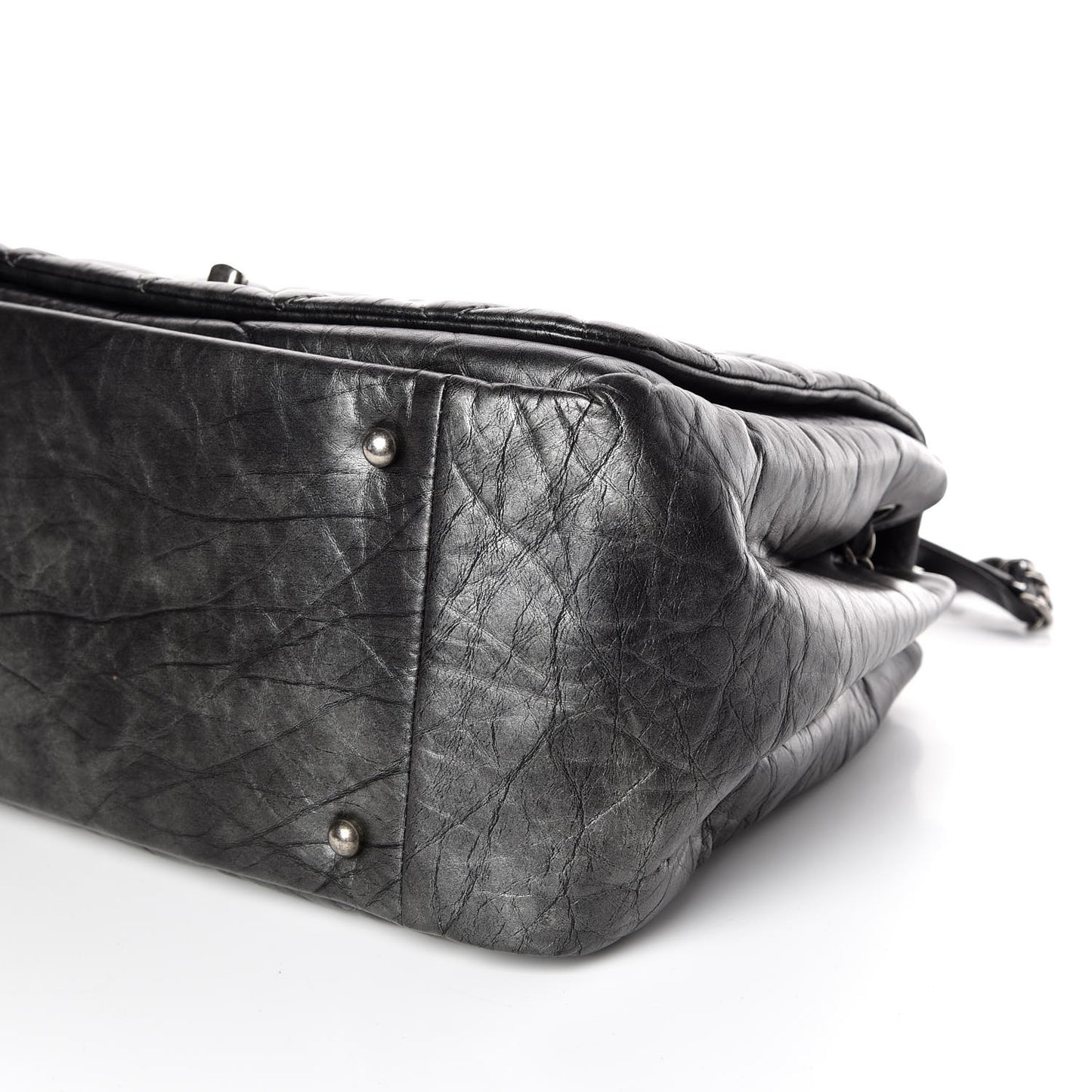 Metallic Aged Calfskin Quilted Large Pondichery Flap Dark Grey