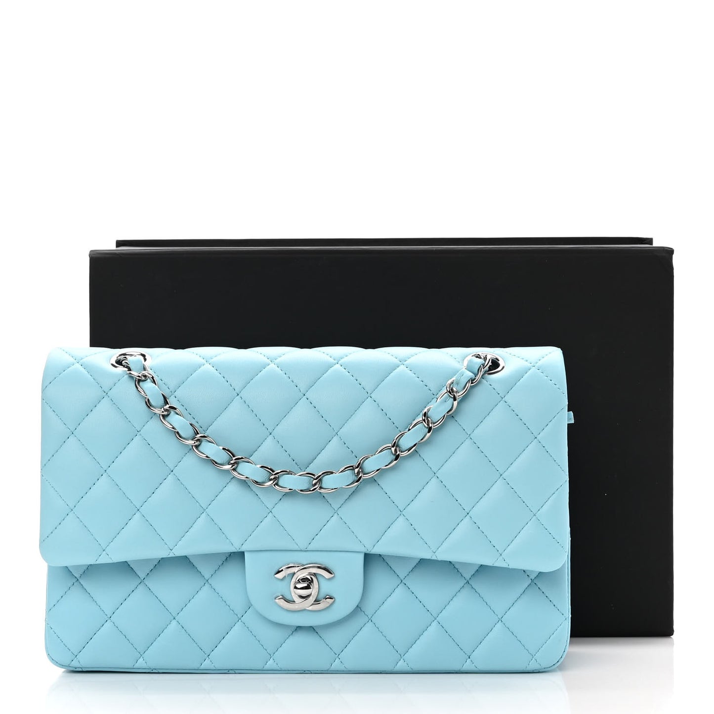 Lambskin Quilted Medium Double Flap Neon Blue