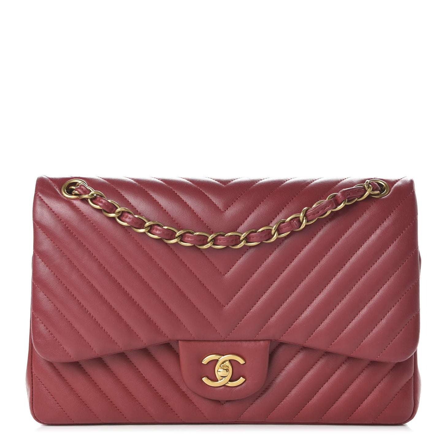 Lambskin Chevron Quilted Jumbo Double Flap Dark Red