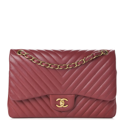 Chanel Lambskin Chevron Quilted Jumbo Double Flap Dark Red 1 of 12