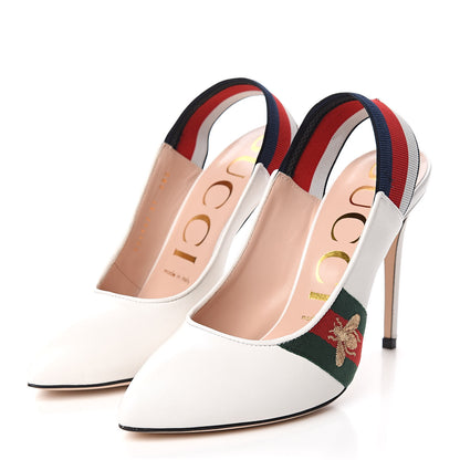 Gucci Malaga Kid Web Sylvie High Heel Slingback Pumps 37 White 3 of 13