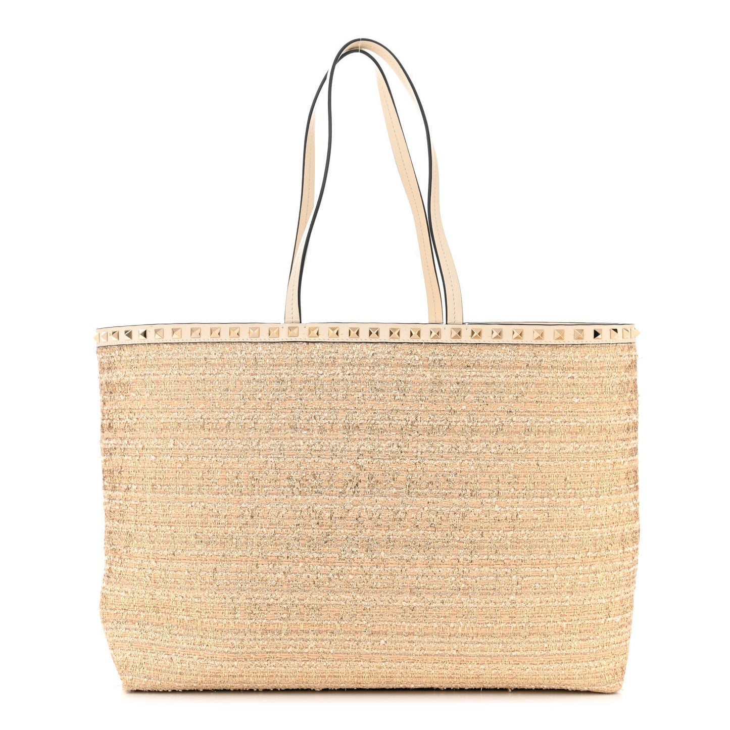 Metallic Boucle Raffia Calfskin Rockstud Tote Bag White Ivory Gold
