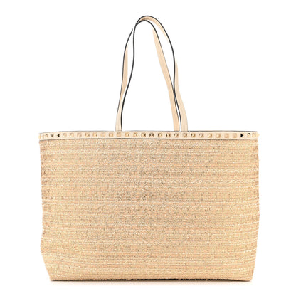 Valentino Garavani Metallic Boucle Raffia Calfskin Rockstud Tote Bag White Ivory Gold 1 of 11