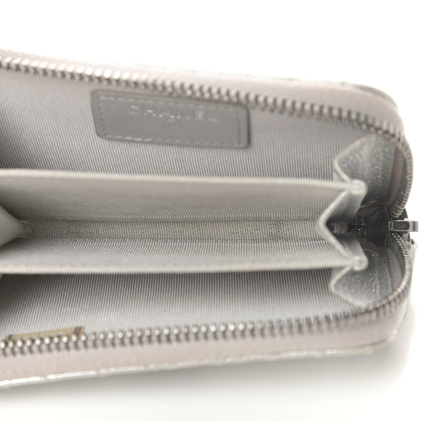 Metallic Lambskin Chevron Quilted Zip Coin Purse Silver