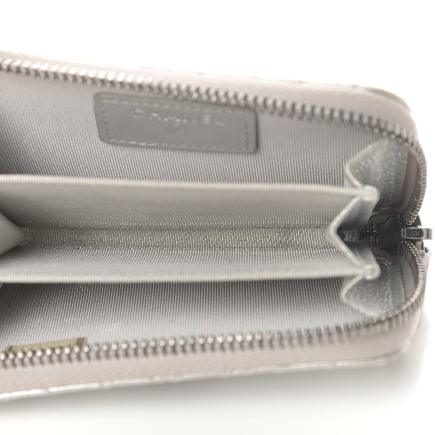 Chanel Metallic Lambskin Chevron Quilted Zip Coin Purse Silver 5 of 8