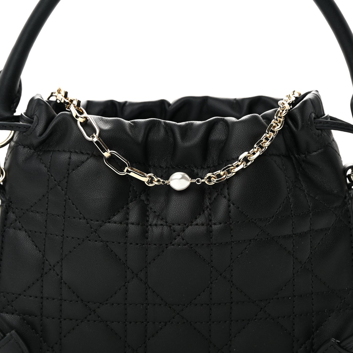 Lambskin Cannage Mini Top Handle Drawstring Bag Black