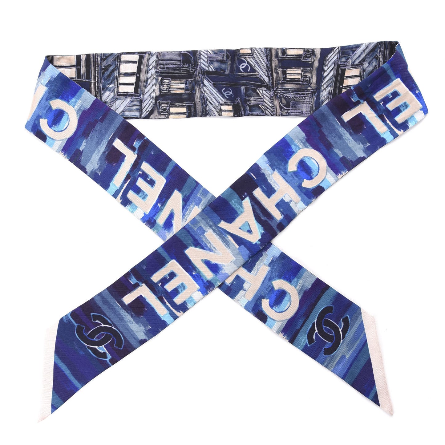 Silk Twill Slim Bandeau Scarf Blue White