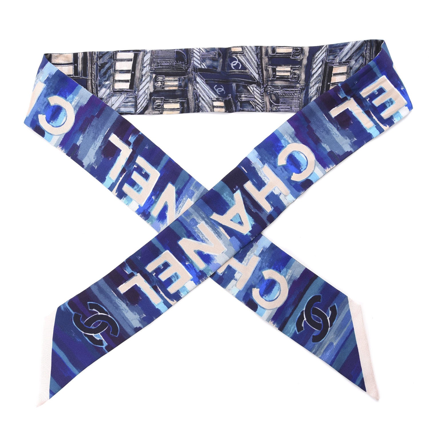 Chanel Silk Twill Slim Bandeau Scarf Blue White 1 of 3