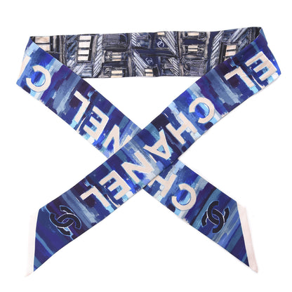 Chanel Silk Twill Slim Bandeau Scarf Blue White 1 of 3