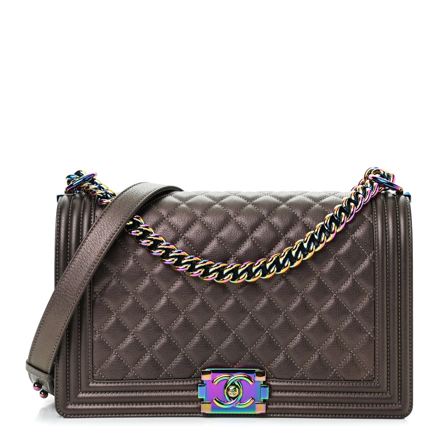 Chanel Iridescent Goatskin Quilted New Medium Boy Flap Dark Gold 1 of 8