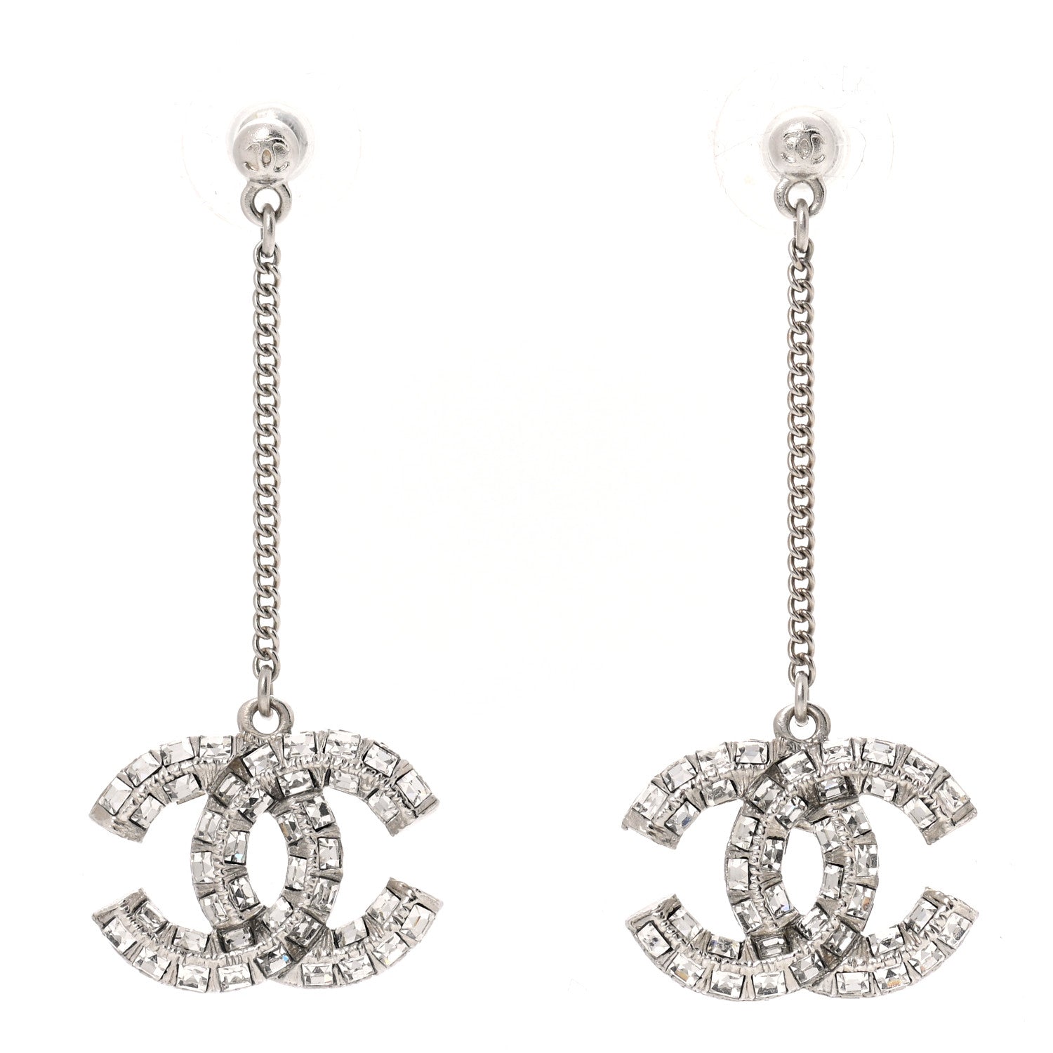 Chanel Baguette Crystal CC Drop Earrings Silver 1 of 4