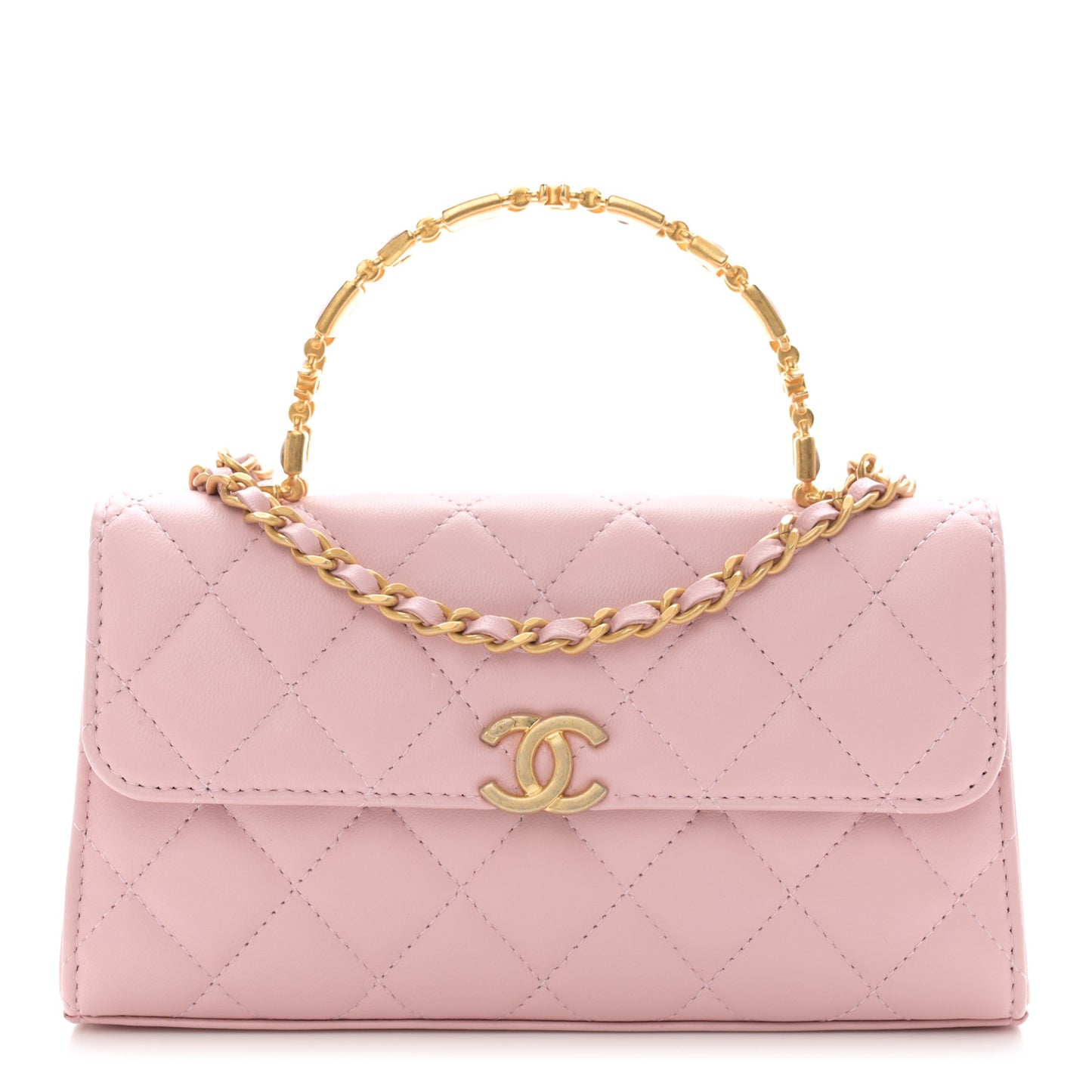 Lambskin Enamel Quilted Top Handle Flap Phone Holder With Chain Pink