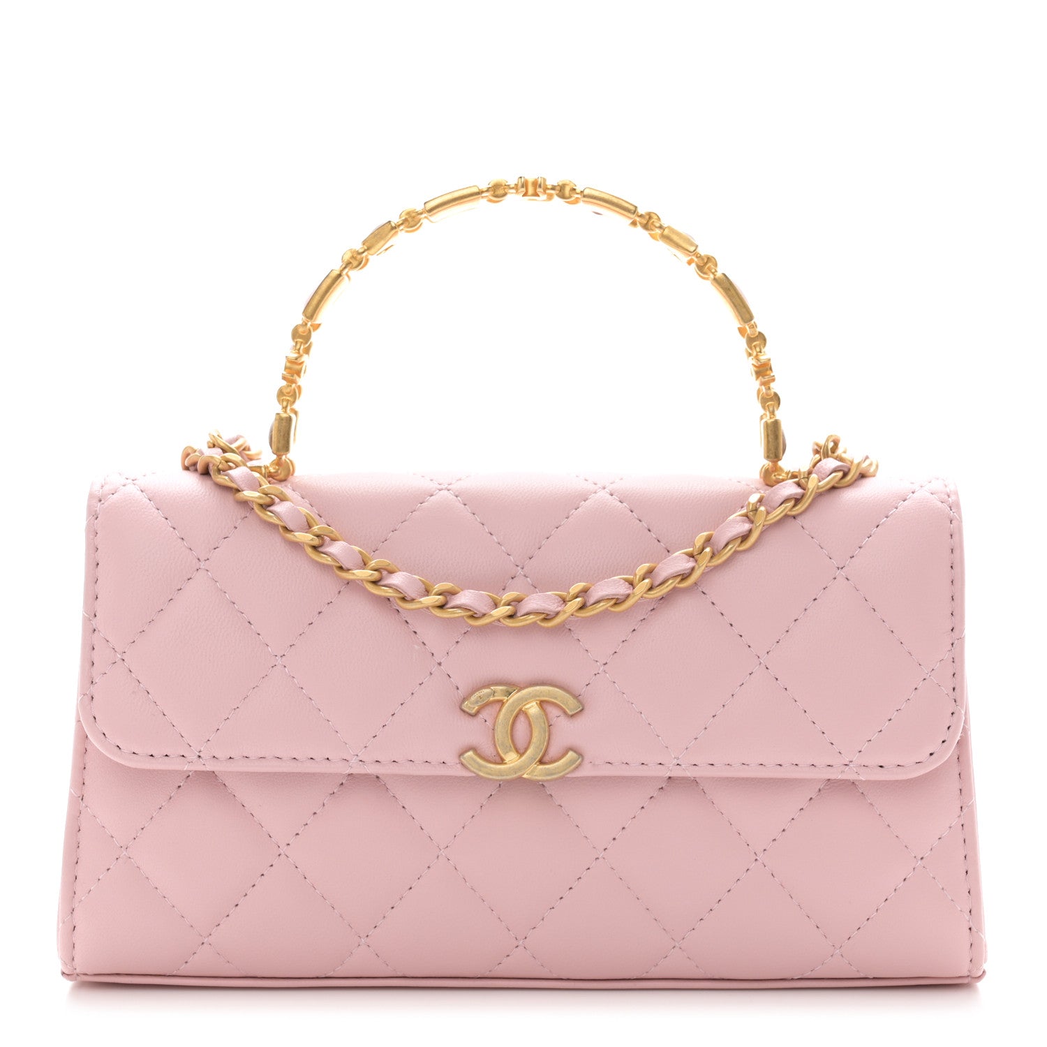 Chanel Lambskin Enamel Quilted Top Handle Flap Phone Holder With Chain Pink 1 of 10