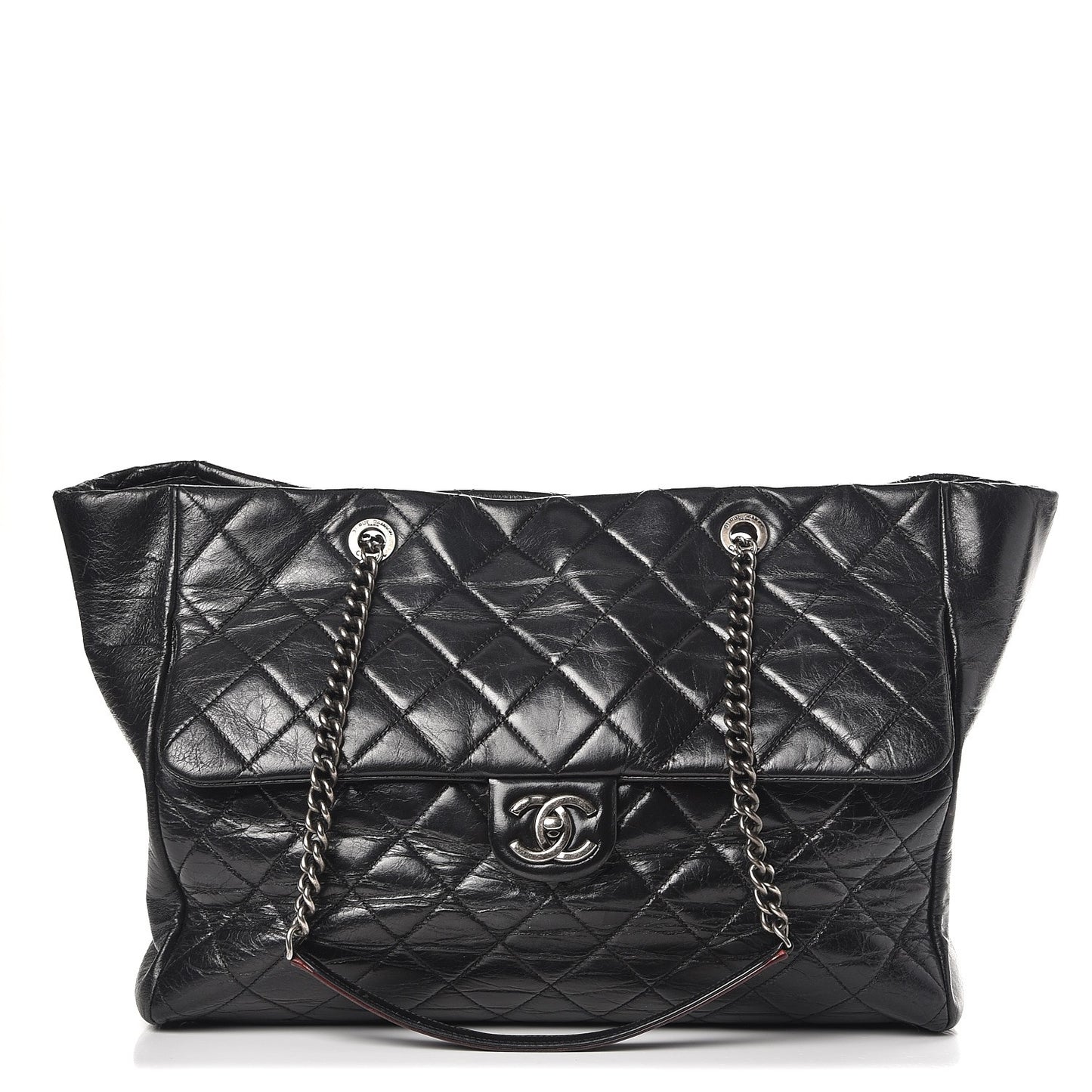 Glazed Calfskin Quilted Large Duo Color Tote Black