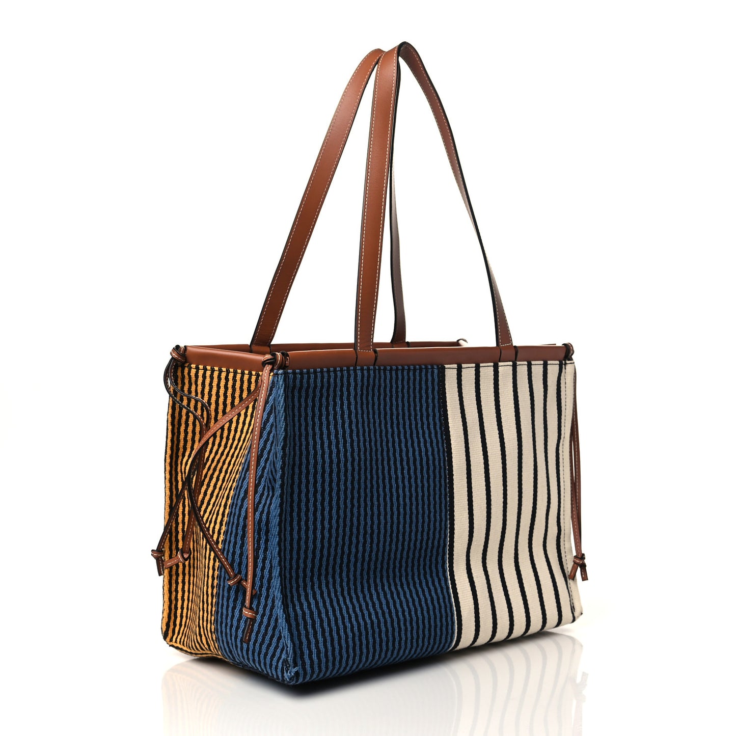 Canvas Calfskin Print Paulas Ibiza Stripes Cushion Tote Blue Yellow