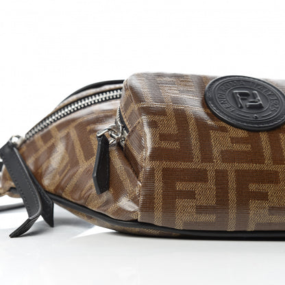 Fendi Glazed Fabric Vitello Century FF 1974 Stamp Patch Pocket Belt Bag Mogano Panna Black 9 of 10