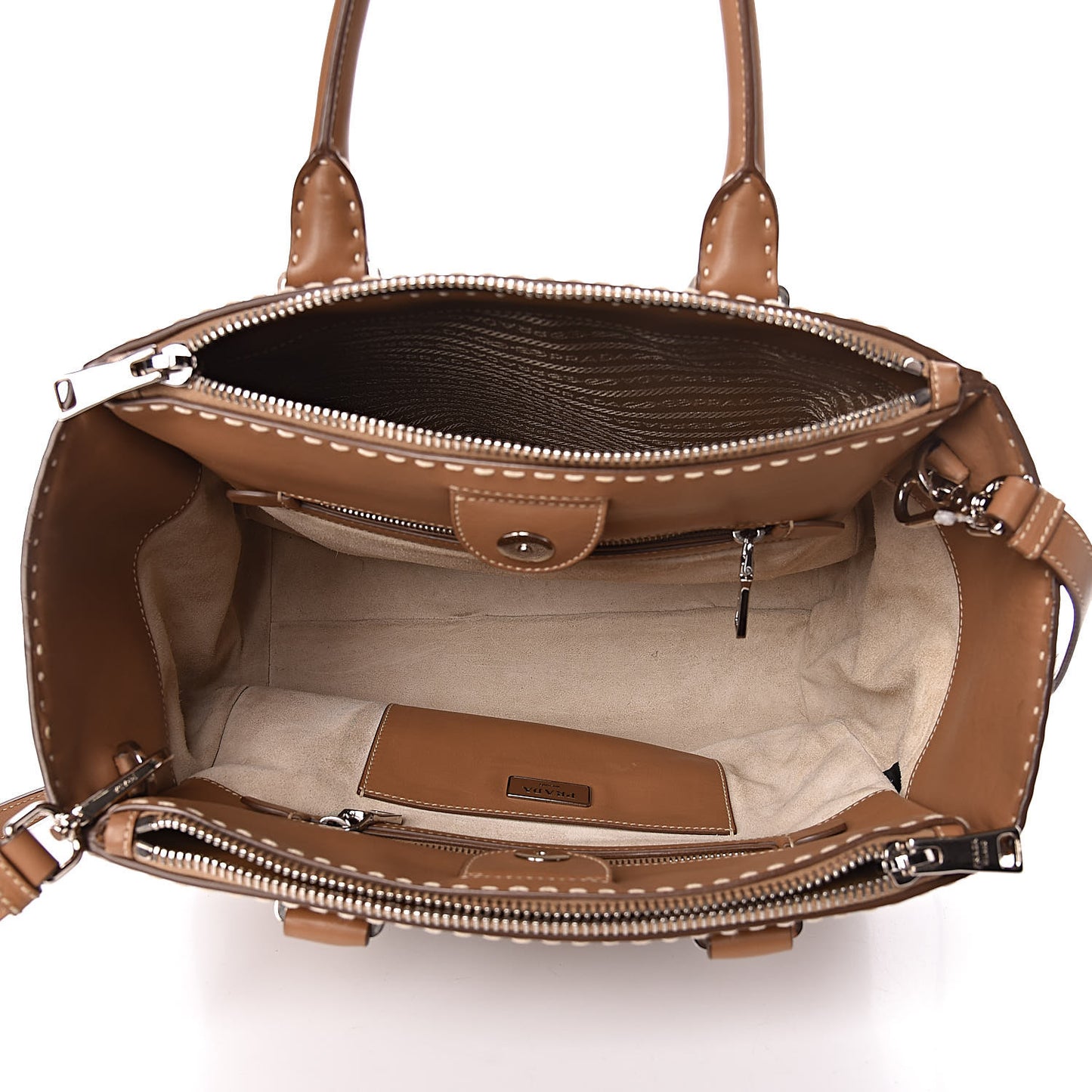 City Calf Small Hand Stitched Galleria Double Zip Tote Caramel