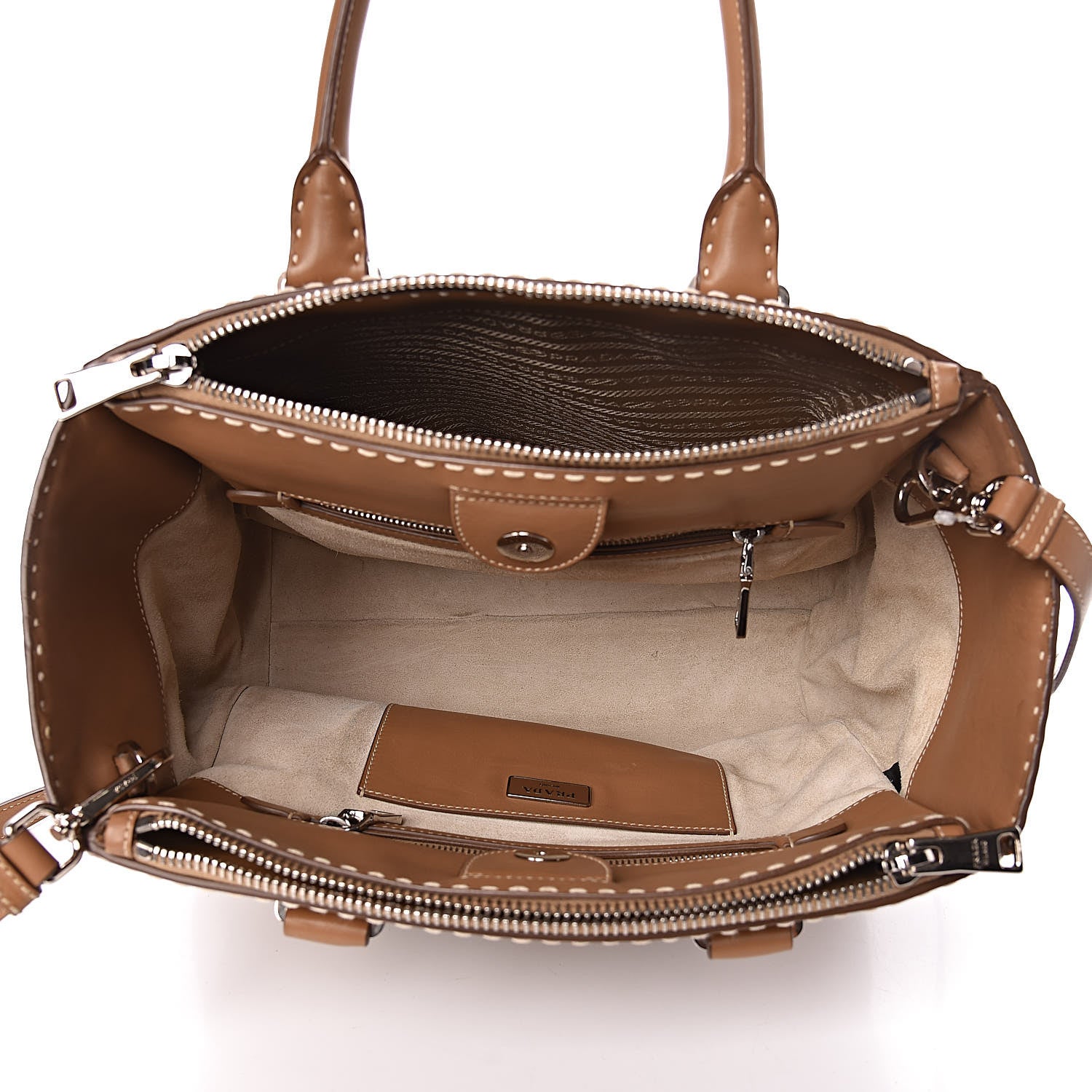 Prada City Calf Small Hand Stitched Galleria Double Zip Tote Caramel 5 of 12