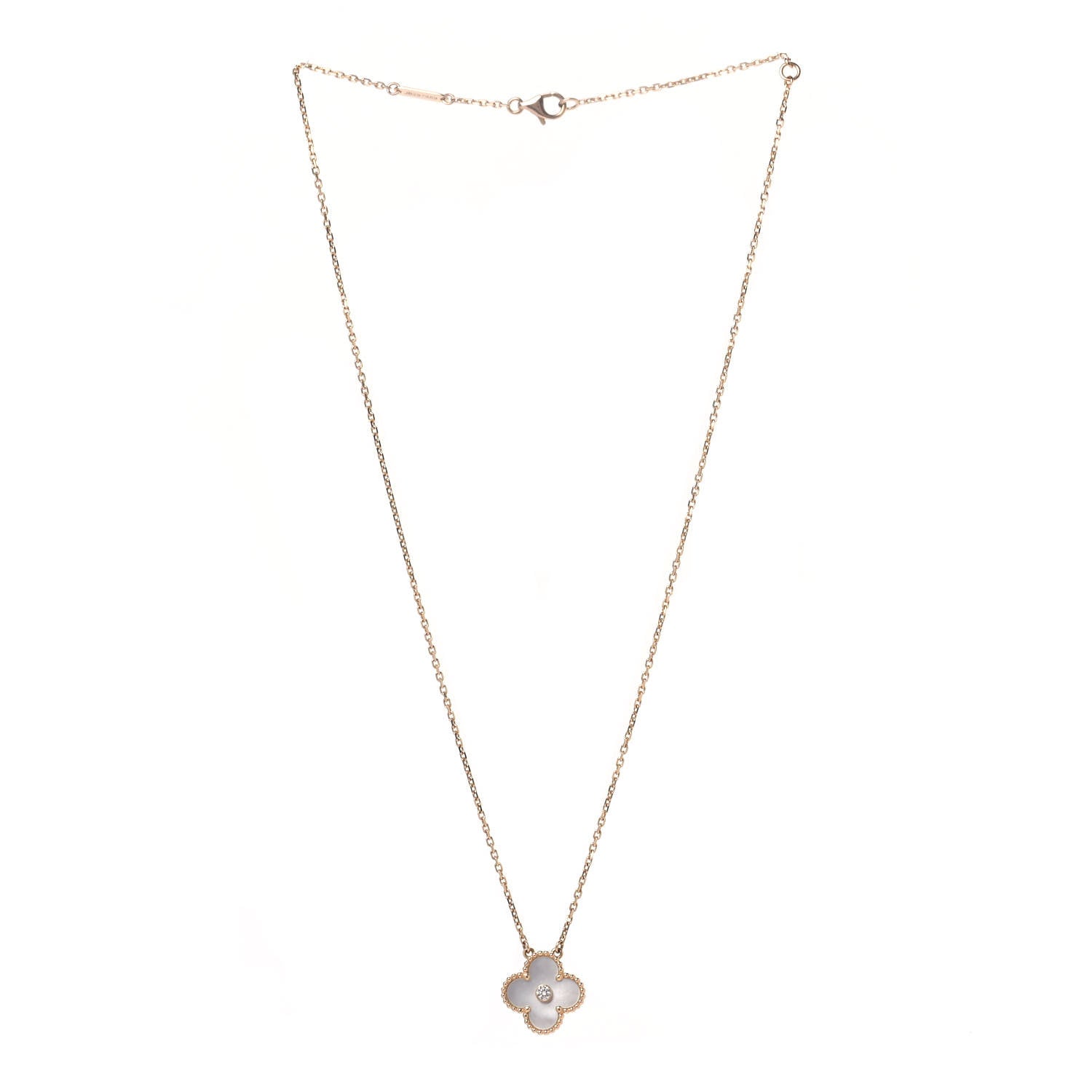 Van Cleef & Arpels 18K Rose Gold Diamond Mother of Pearl Vintage Alhambra Pendant Necklace 3 of 5