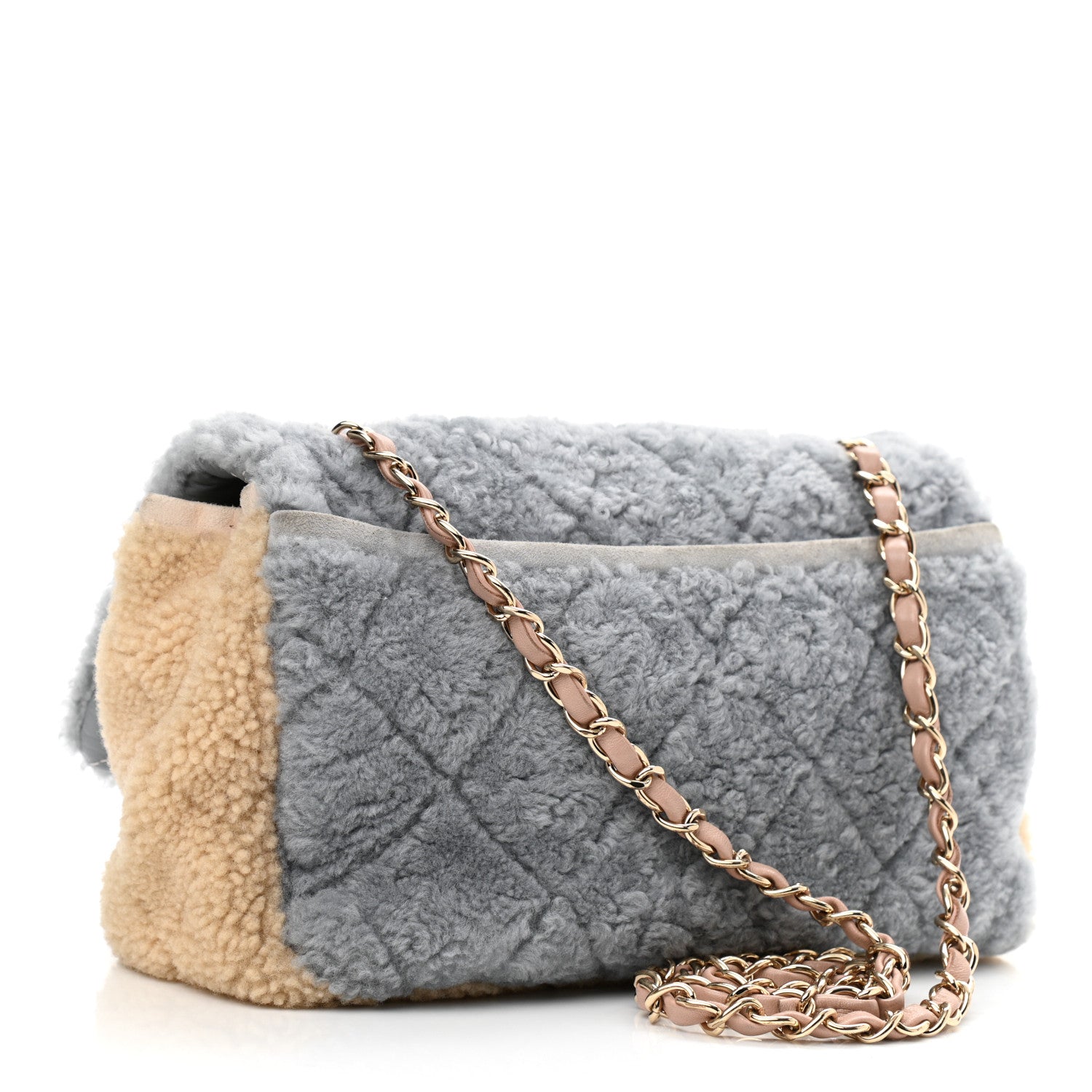 Chanel Shearling Sheepskin Single Flap Gray Pink Beige 3 of 14