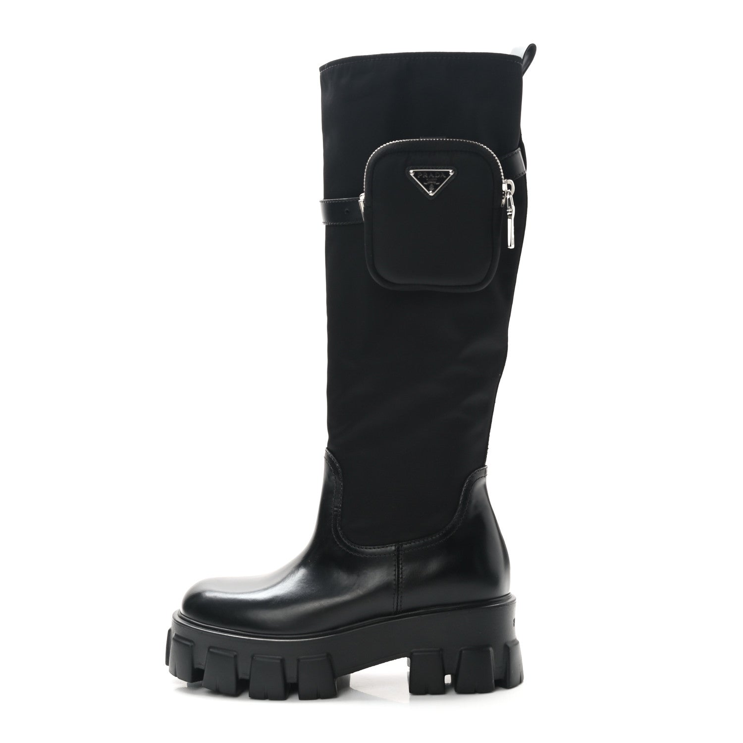 Prada Spazzolato Rois Re-Nylon Metal Triangle Logo Monolith Pouch Pocket 55mm Tall Boots 37 Black 1 of 8
