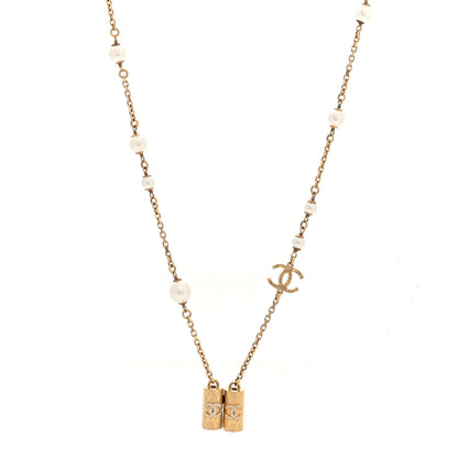 Chanel Metal Crystal Pearl Airpod Necklace Gold 1 of 5