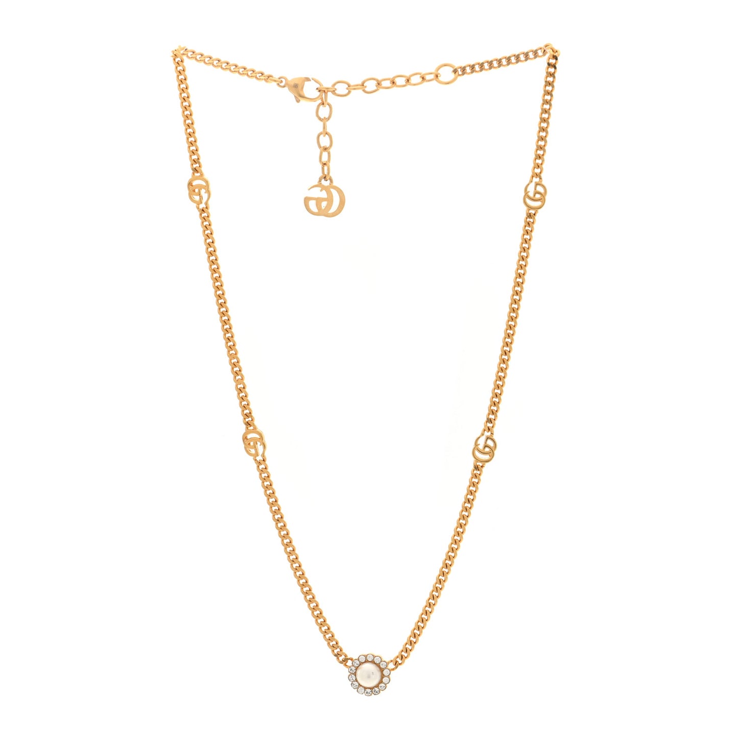 Crystal Pearl Double G Marmont Flower Necklace Gold