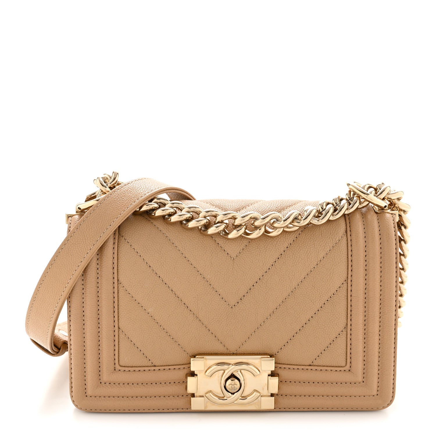 Chanel Caviar Chevron Quilted Small Boy Flap Dark Beige 1 of 12