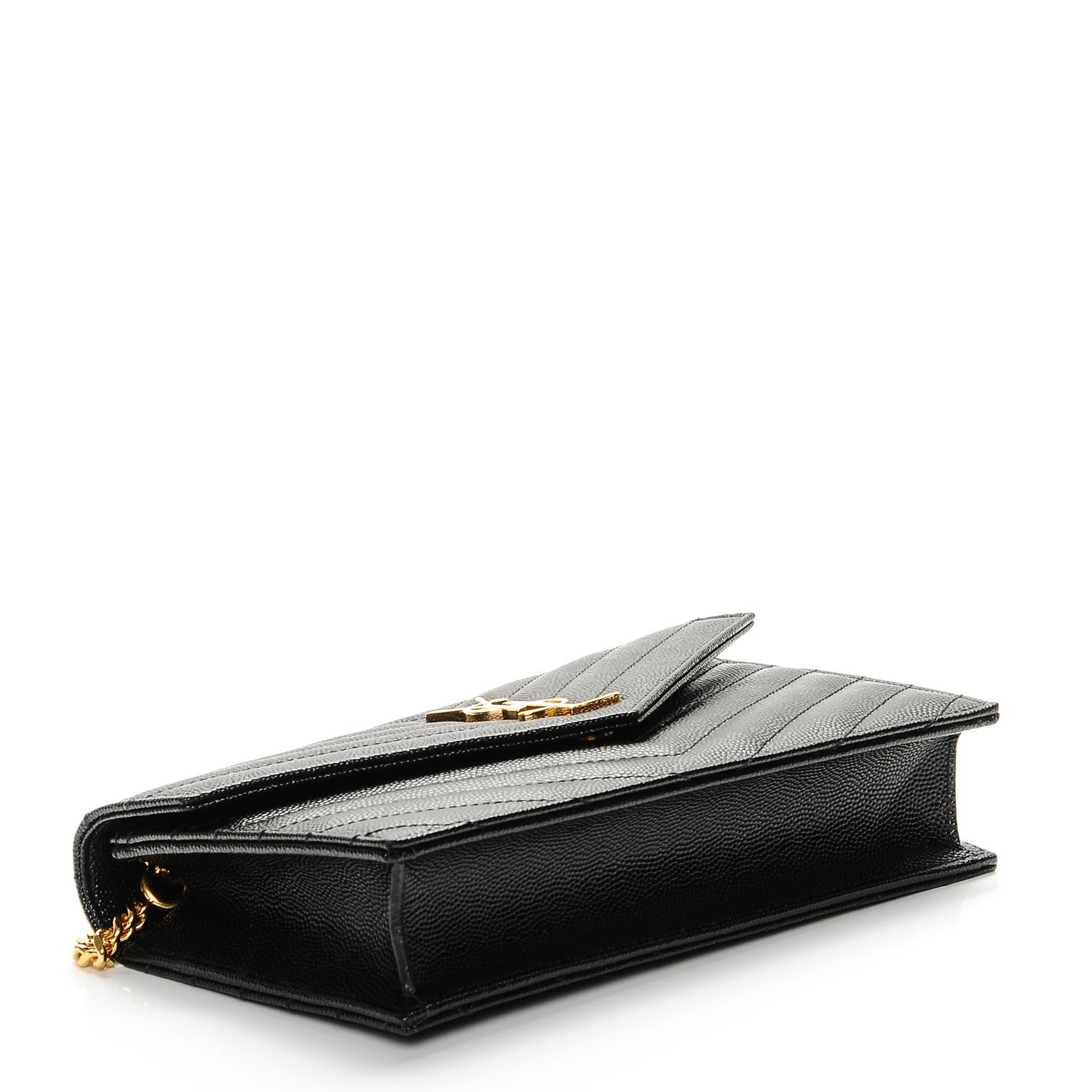 Saint Laurent Grain De Poudre Matelasse Chevron Monogram Envelope Chain Wallet Black 4 of 7