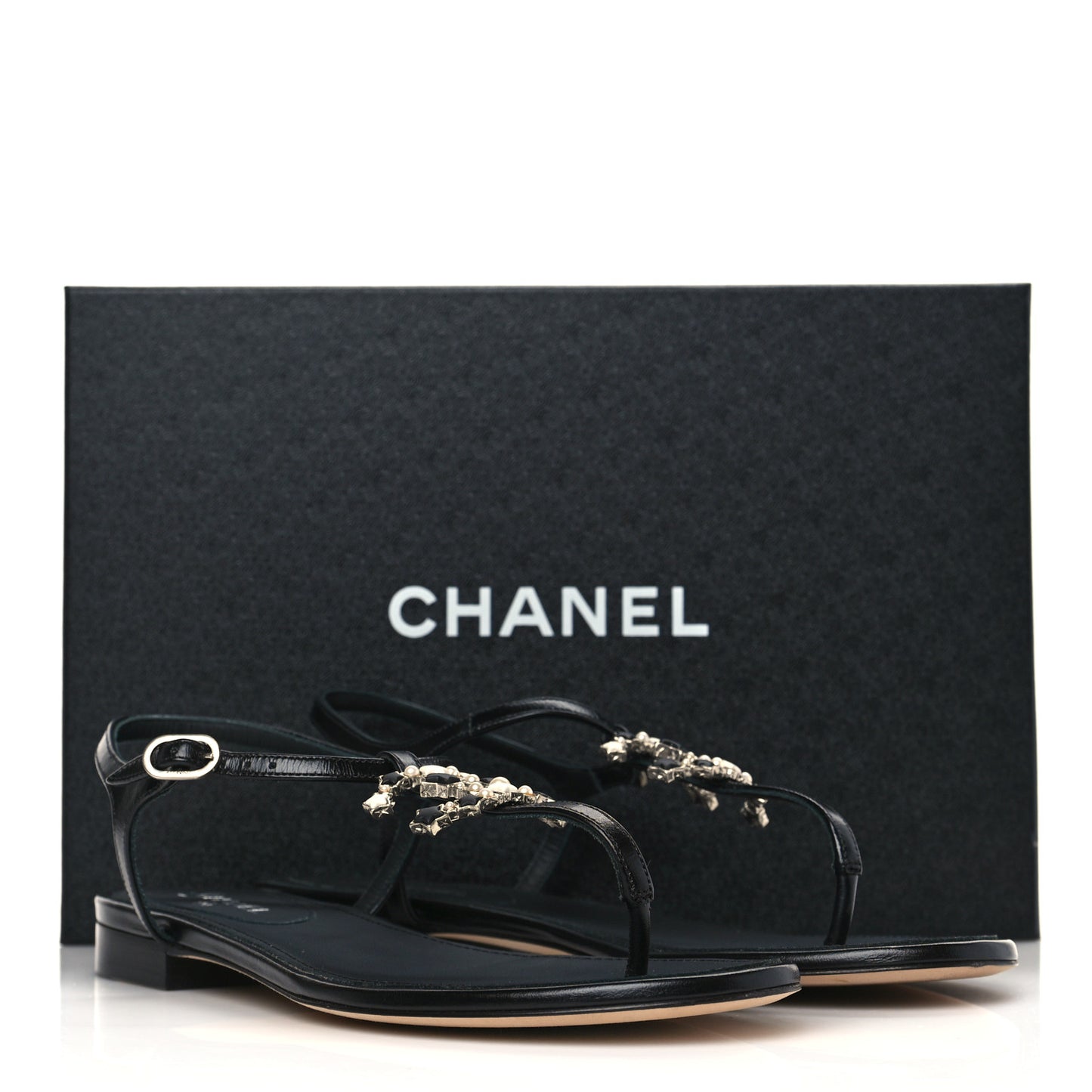 Calfskin Pearl CC Star Thong Sandals 39 Black