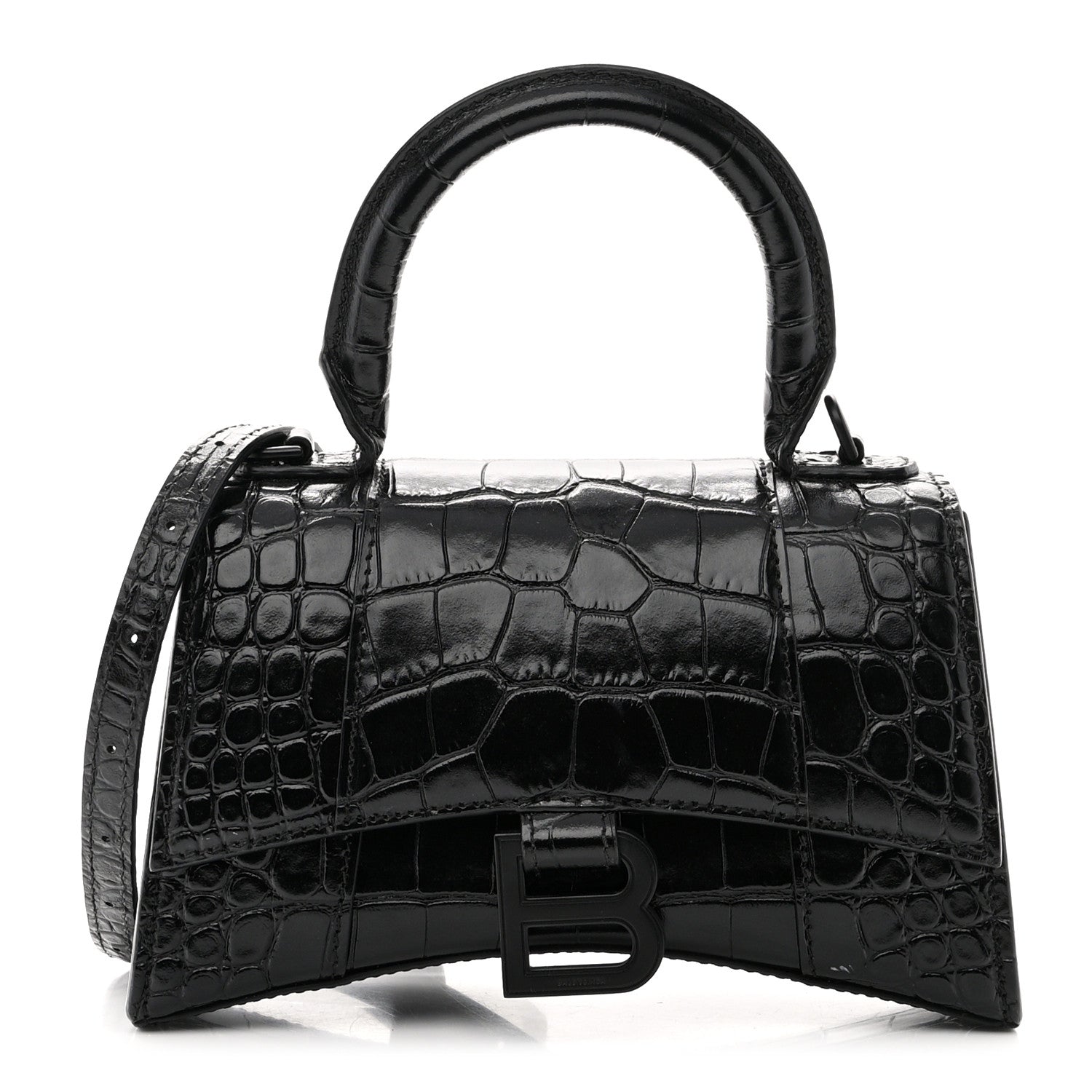 Balenciaga Shiny Calfskin Monochrome Crocodile Embossed Hourglass Top Handle Bag XS Black 1 of 10