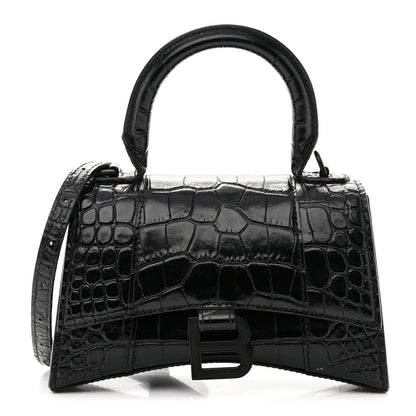Balenciaga Shiny Calfskin Monochrome Crocodile Embossed Hourglass Top Handle Bag XS Black 1 of 10