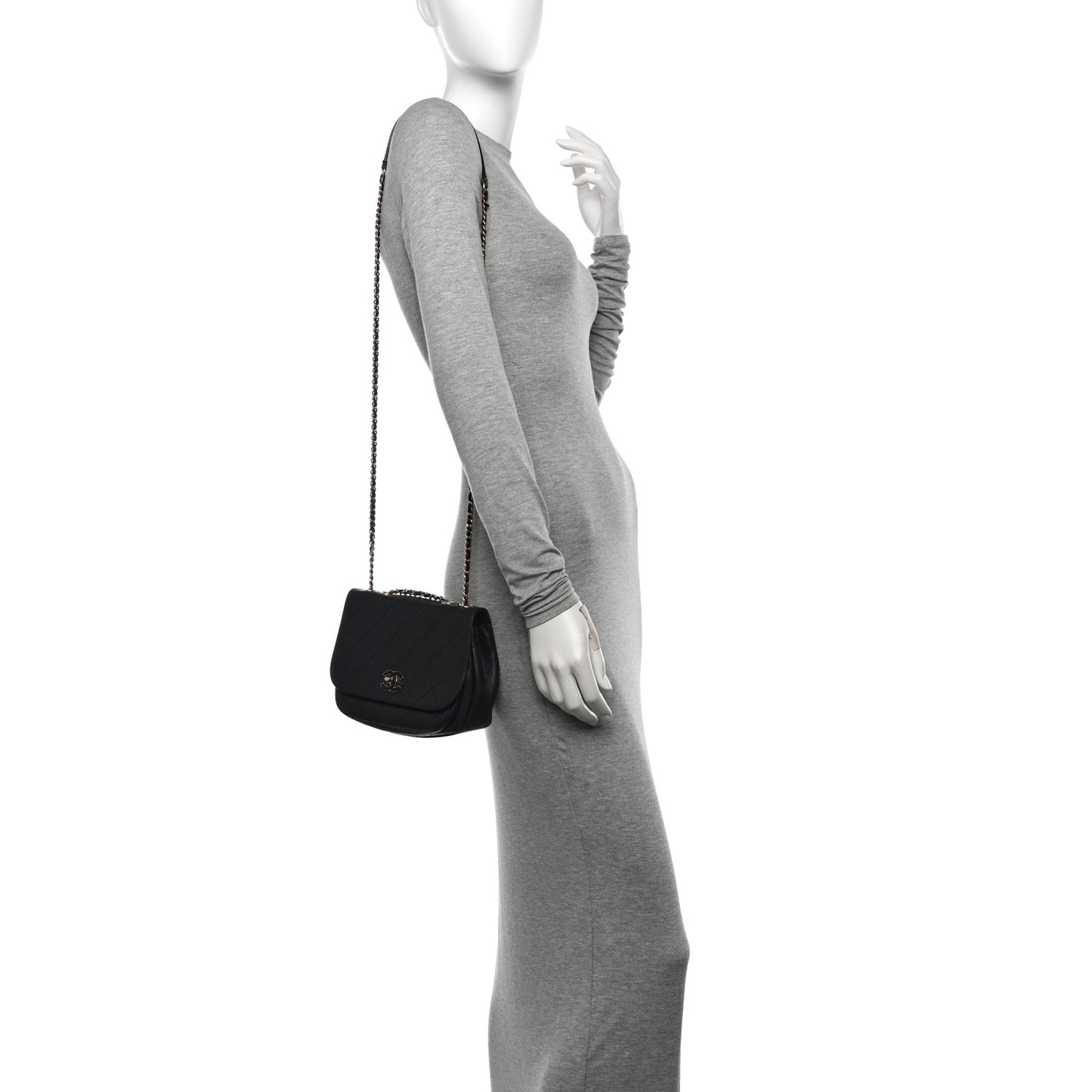 Calfskin Stitched Small Covered CC Flap Bag Black