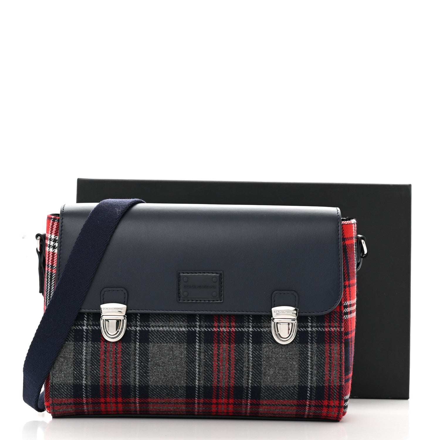 Dolce & Gabbana Wool Calfskin Tartan Kids Satchel Blue Red Multicolor 10 of 10