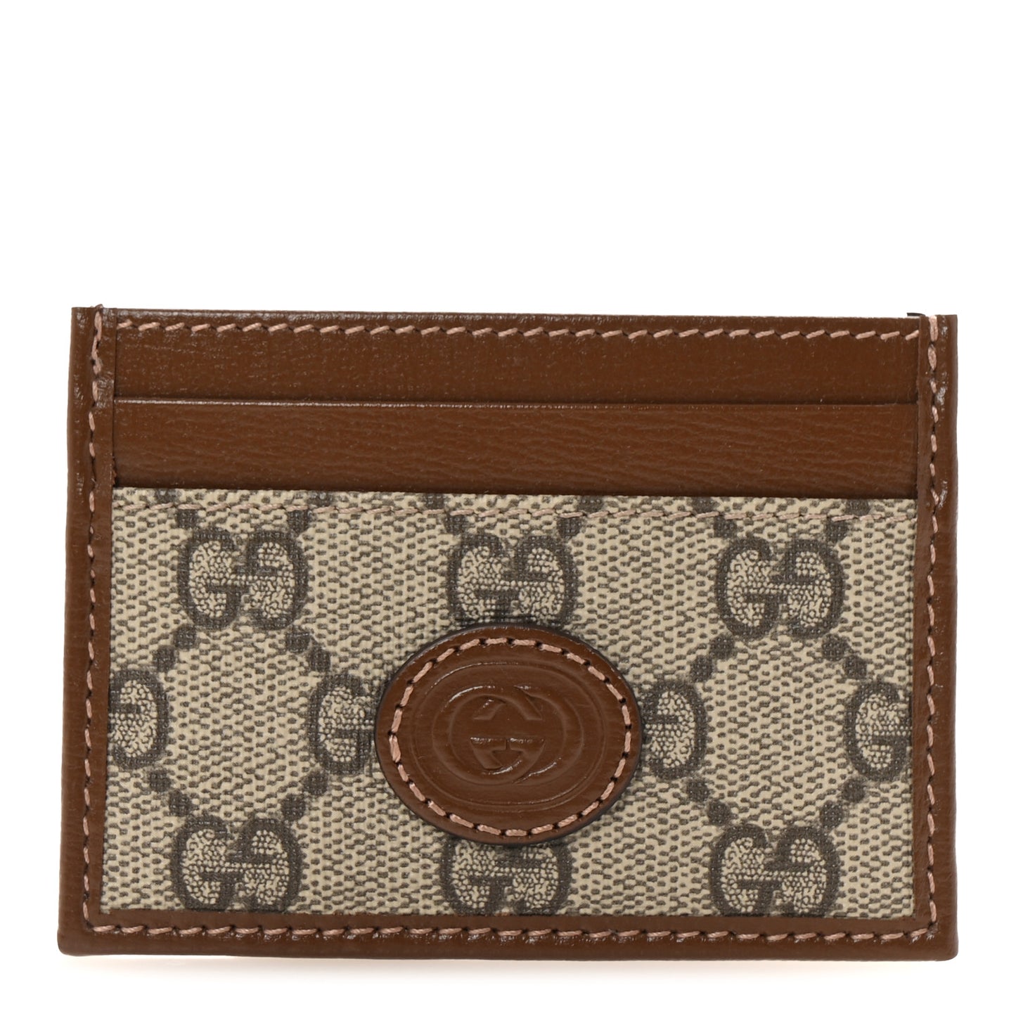 GG Supreme Monogram Azalea Calfskin Retro Interlocking G Card Holder Beige Ebony Brown Sugar
