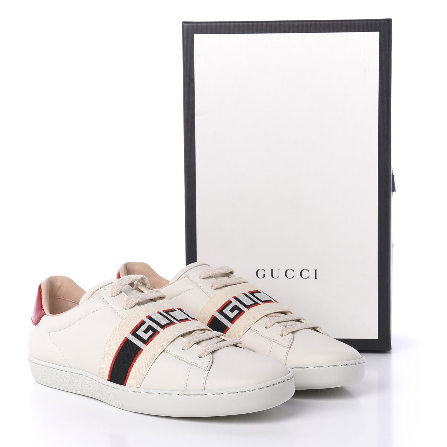 Calfskin Stripe Womens New Ace Sneakers 40 New Mystic White Ecru Red Flame