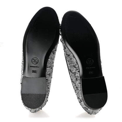 Chanel Tweed Sequin Cap Toe Ballerina Flats 35 Silver Black Blue 6 of 10