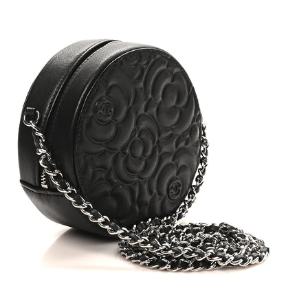 Chanel Goatskin Camellia Quilted Round Clutch With Chain Black 3 of 10