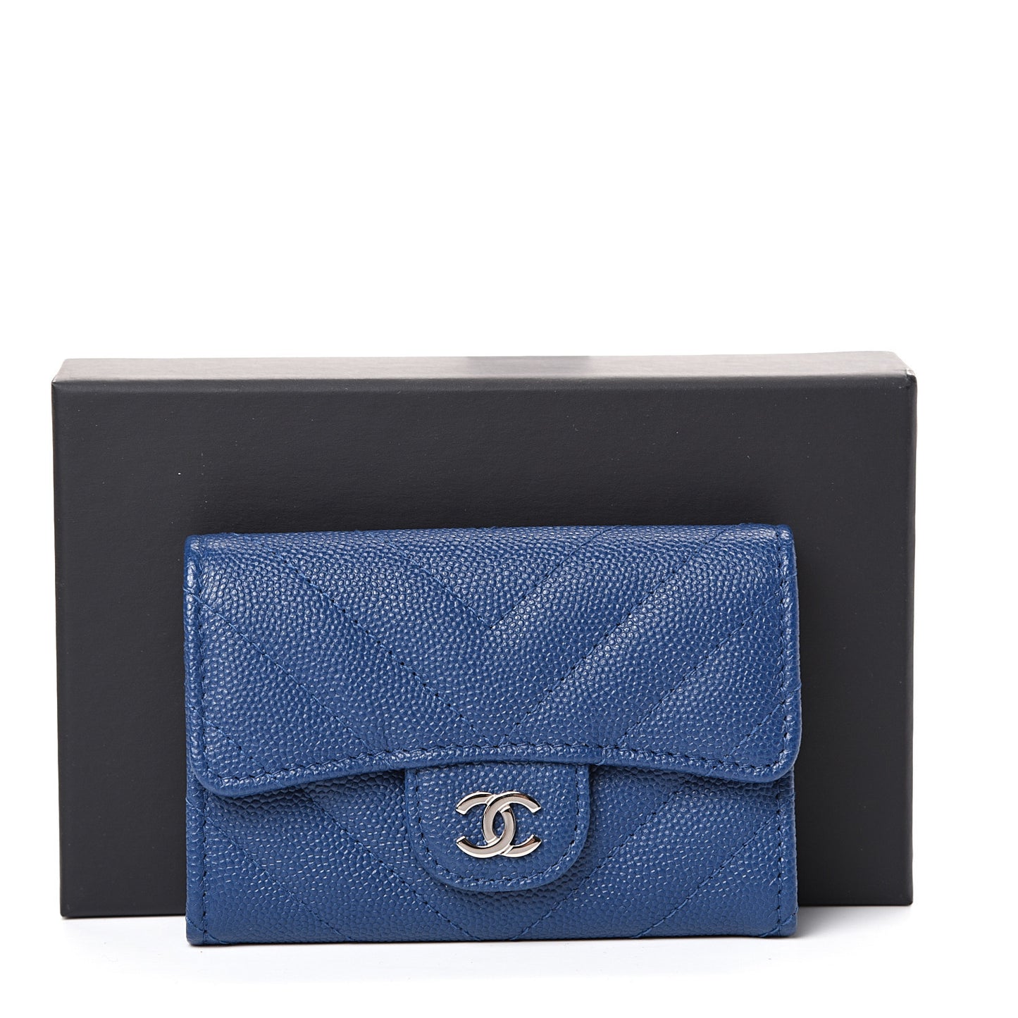 Caviar Chevron Quilted Flap Card Holder Dark Blue