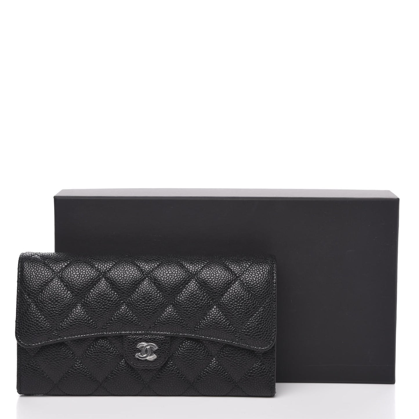 Caviar Quilted Large Gusset Flap Wallet Black