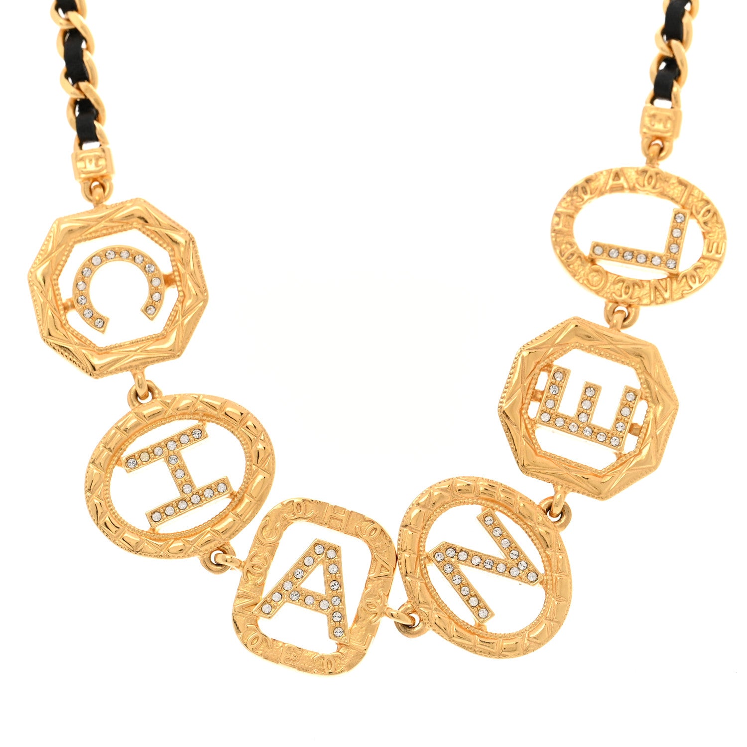 Chanel Metal Lambskin Crystal Chain Logo Choker Necklace Gold Black 4 of 5